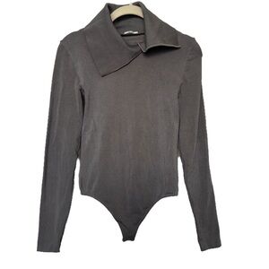 Wolford Charcoal Gray String Bodysuit Asymmetrical/Turtleneck Collar Size Medium